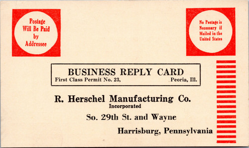 R. Herschel Manufacturing Co. - advert business reply card - Form 343--1-58