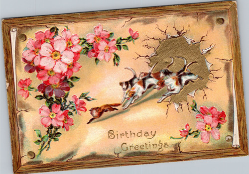 Birthday Greetings - dog chasing fox posted 1911