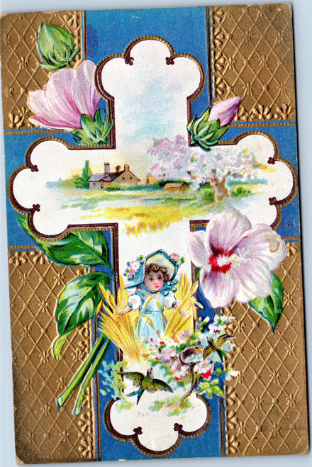 Cross with rural scene and girl in blue bonnet with birds and flowers