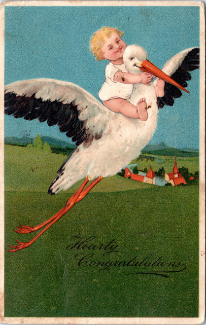 Hearty Congratulations - Baby riding stork
