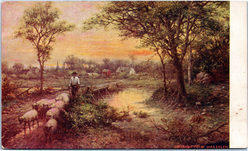 Shepherd Walking Sheep past river - 1901 Chas Ehlen