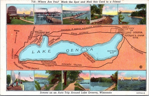 Lake Geneva map with scenes on auto trip