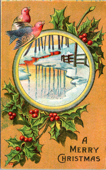 A Merry Christmas - birds, holly and river scene (27-16-623)