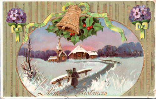 A Merry Christmas - winter scene with bell (27-16-609)