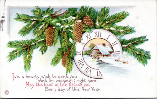 New Year - Watermill clock fir pinecones Stetcher Litho Series 643E