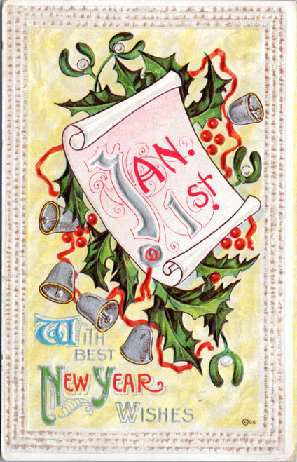 Jan 1st New  Year Bells Mistletoe Holly - D. Goldie No. 48