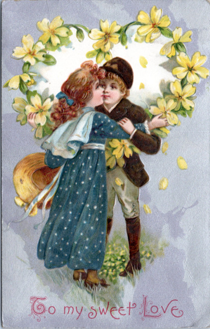 To my sweet love - boy and girl embrace in heart of flowers