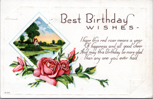 Birthday Greetings Old Vintage Postcard Roses Morning Glory Water Scene