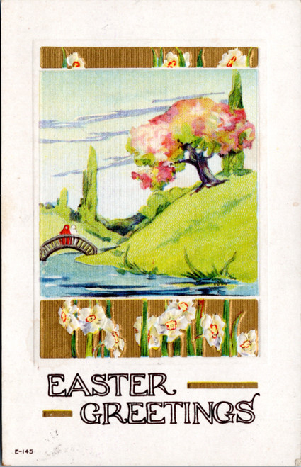 Postcard Easter - scene, flowers, poem