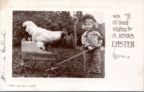 Easter - Child pulling chicken or rooster in wagon - mind you don't fall