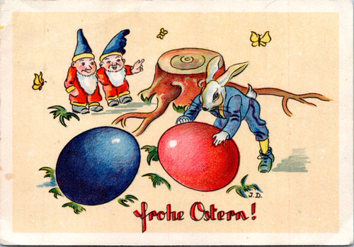 Frohe Ostern - Happy Easter - Bunny with eggs and gnomes/elves