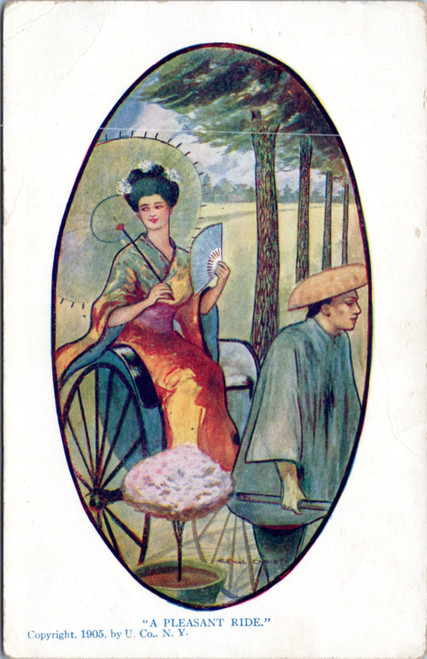 A Pleasant ride - woman with parasol riding in rickshaw