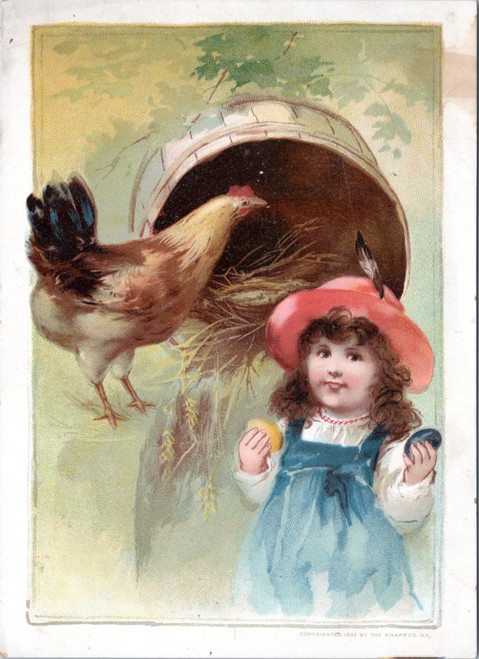 Woolson Spice Easter Greetings - Girl in blue dress holding eggs of chicken