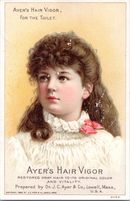 Ayer's Hair Vigor 1890 girl in white dress with pink ribbon