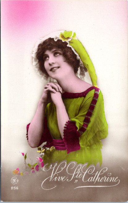Vive Ste Catherine - tinted photo - woman green dress clasped hands CEKO 256