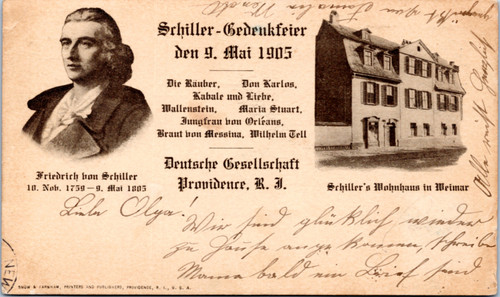 Private Mailing Card - 1905 German Society of Providence RI Commemoration of Friedrich von Shiller