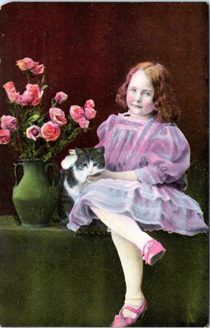 Girl with Kitten and Flowers