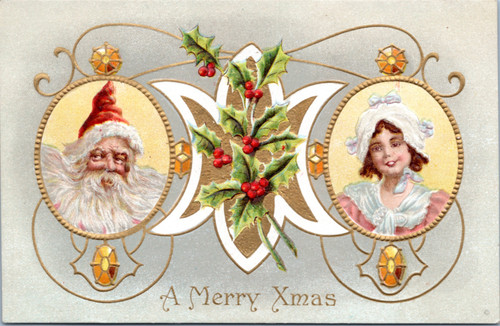 A Merry Xmas - Meeker 576 Santa Woman in White Bonnet