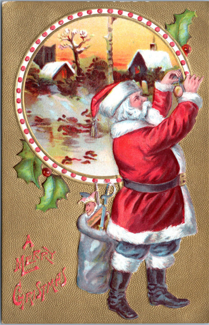 A Merry Christmas - Santa Hanging ornament with winter scene picture