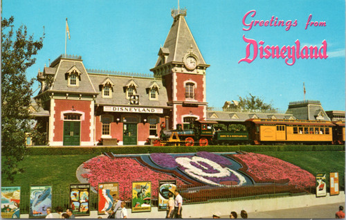 Greetings from Disneyland - Entrance with floral Mickey Sante Fe Disneyland Depot