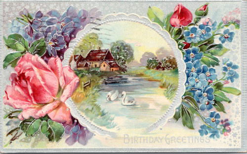 Birthday Greetings - framed river scene with swans embossed flowers