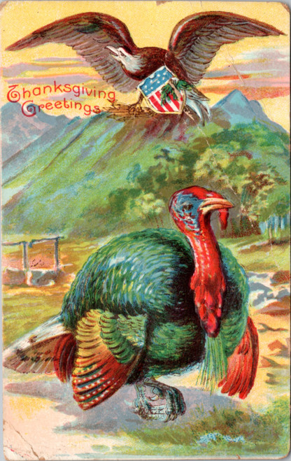 Thanksgiving Greetings patriotic - Turkey with Eagle carrying US Flag Shield