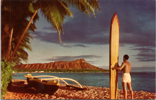 Outrigger and Diamond Head - man holding surfboard (34-21-270)