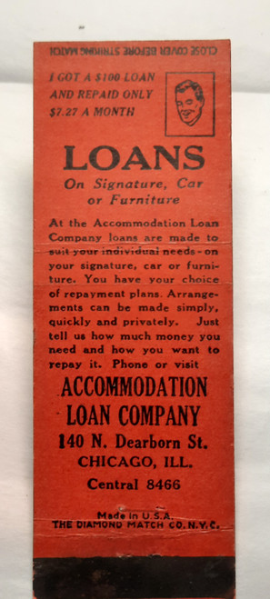 Matchbook Cover Financial IL Chicago Accommodation Loan Company