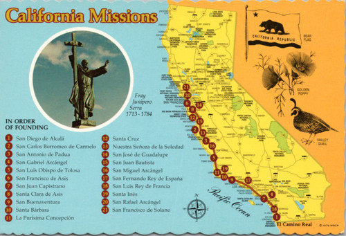 California Map Postcard - California Missions