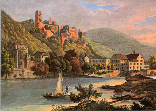 Heidelberg - Man in boat on river with castle