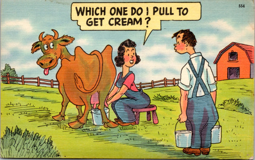 Woman milking cow - Which one do I pull to get cream?