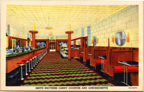 Postcard NY Poughkeepsie Smith Brothers Candy Counter and Luncheonette