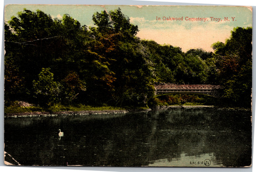 Postcard NY Troy Oakwood Cemetery swan swimming and bridge