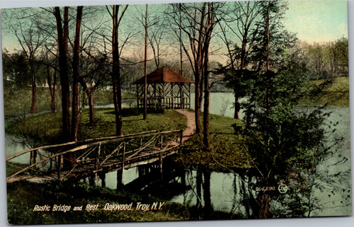 Postcard NY Troy Rustic Bridge and Rest Oakwood