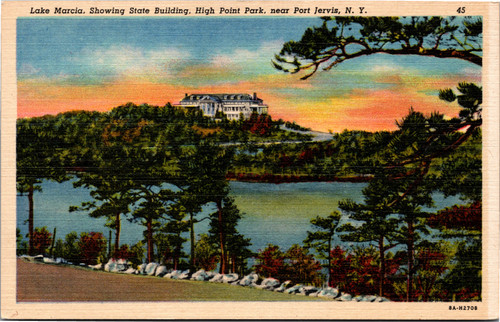 Postcard NY Port Jervis Lake Marcia State Building High Point Park