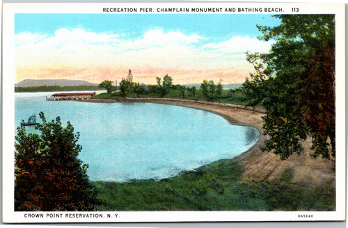 Postcard NY Crown Point  Recreation Pier Champlain Monument and Bathing Beach