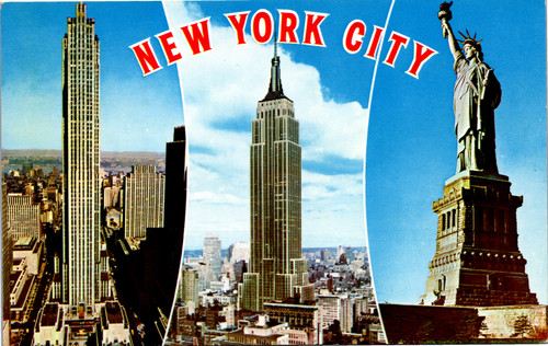 Postcard New York City multiview Statue Liberty Empire State Rockefeller Center