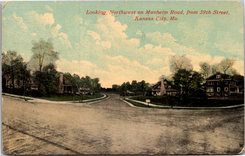 Postcard MO Kansas City Manheim Road Looking Northwest from 39th Street