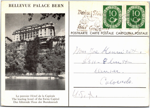 Postcard Switzersland Bern Bellevue Palace hotel