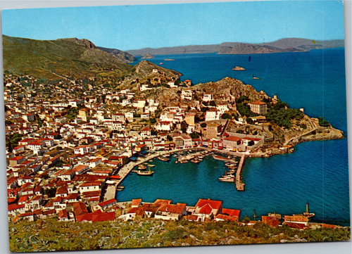 Postcard Greece Hydra aerial view of island
