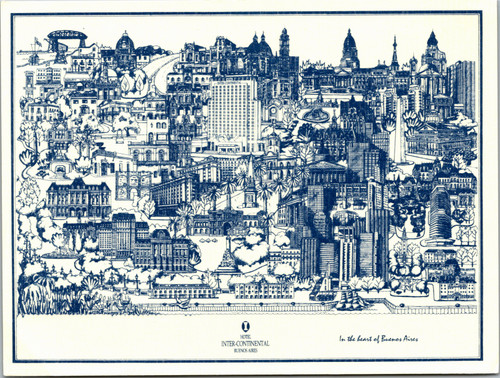 Postcard Argentina Bunose Aires Hotel Inter-Continental drawing of city