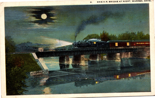 Postcard OH Warren Erie Railroad Bridge at night