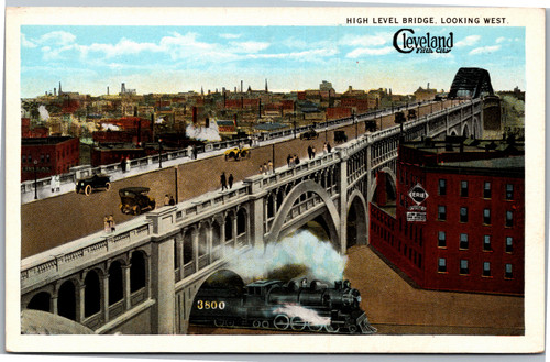 Postcard OH Cleveland High Level Bridge Looking West Erie Station