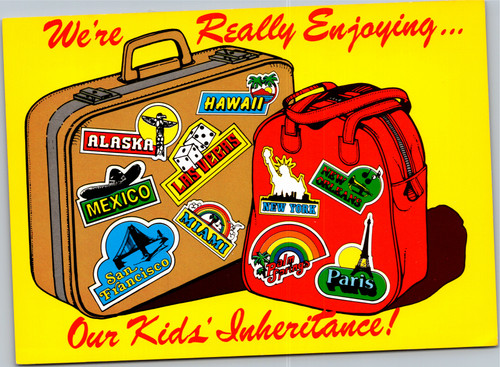 We're Really Enjoying Our Kids Inhertiance! Luggage with locale stickers comic