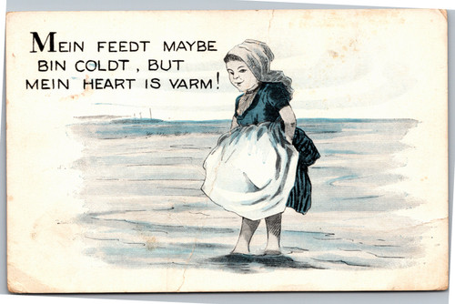Postcard Dutch girl at ocean Mein feedt maybe bin coldt but mein heart is varm