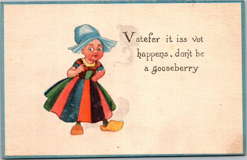 Postcard Dutch girl colorful dress pointing don't be a gooseberry