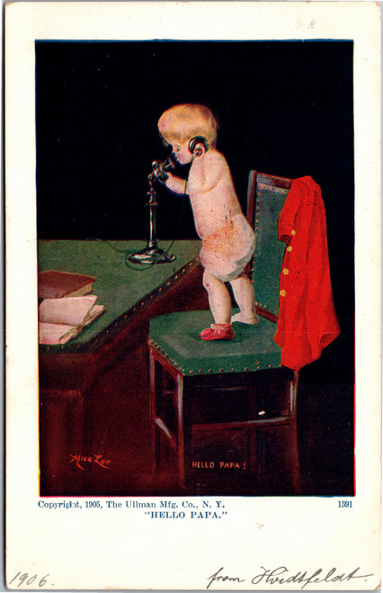 Postcard Artist Signed Alice Lee Hello Papa baby on phone 1905 Ullman