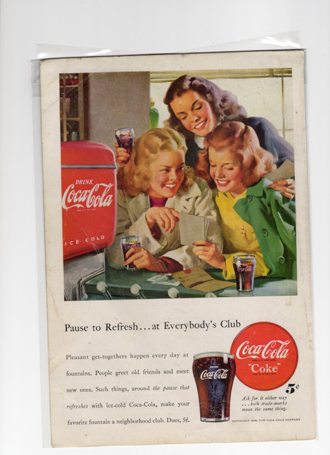 1948 Coca-Cola print ad Pause to Refresh girls at diner / Studebaker