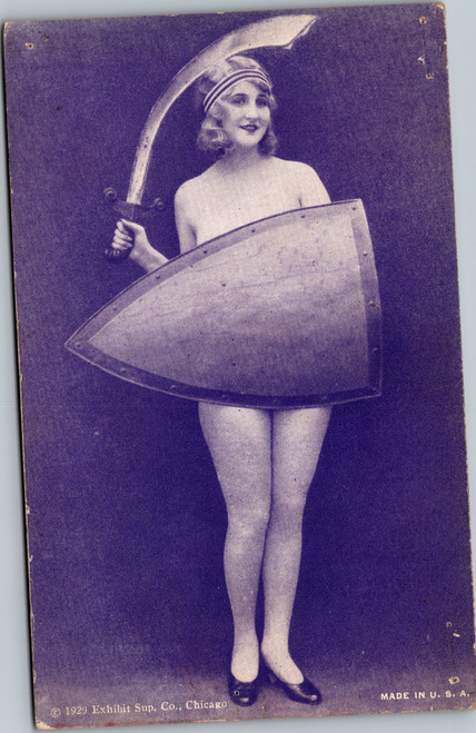 1929 Exhibit Supply Arcade Card Naked Woman posing with shield and sword