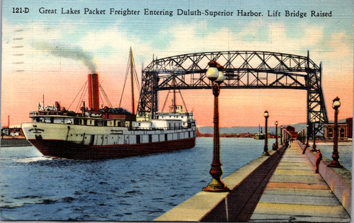 Great Lakes Packet Freighter Entering Duluth-Superior Harbor. Lift Bridge Raised